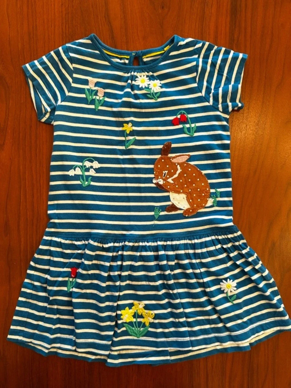 Mini Boden Blue Striped Applique Bunny Embroidered Kids Dress size 4-5